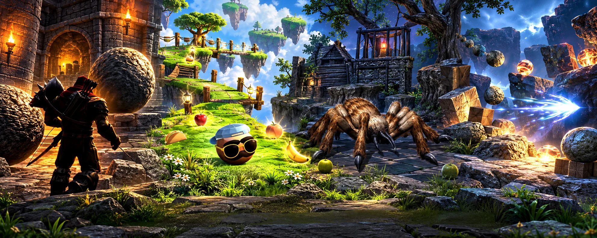 Illustrated four-world montage incorporating Archer Shooter, Gordito’s Way, Pet Spider, and Aerial Shooter
