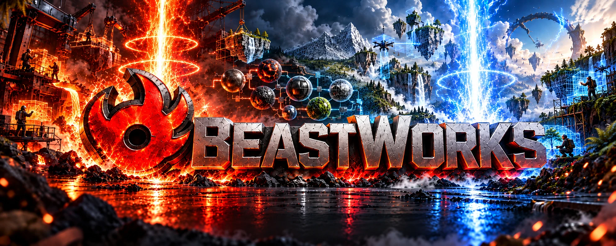 Enlarged BeastWorks metal logo between red and blue energy beams rising from water, with particle rings and creators assembling wireframe worlds