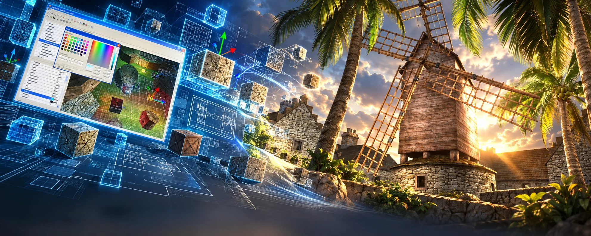 Illustrated montage joining the original CAGE editor with the CAGE 2.0 windmill environment