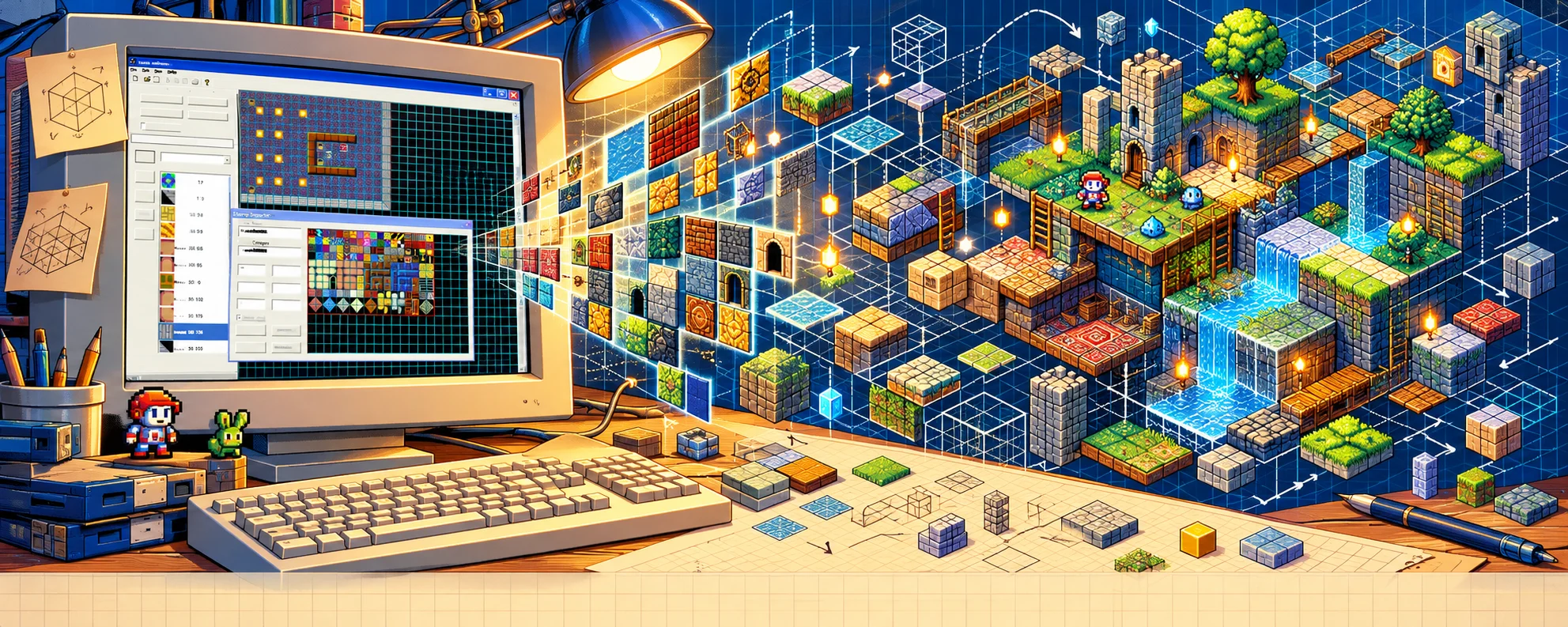 Illustrated pixel-invention workbench incorporating the original tile-map editor