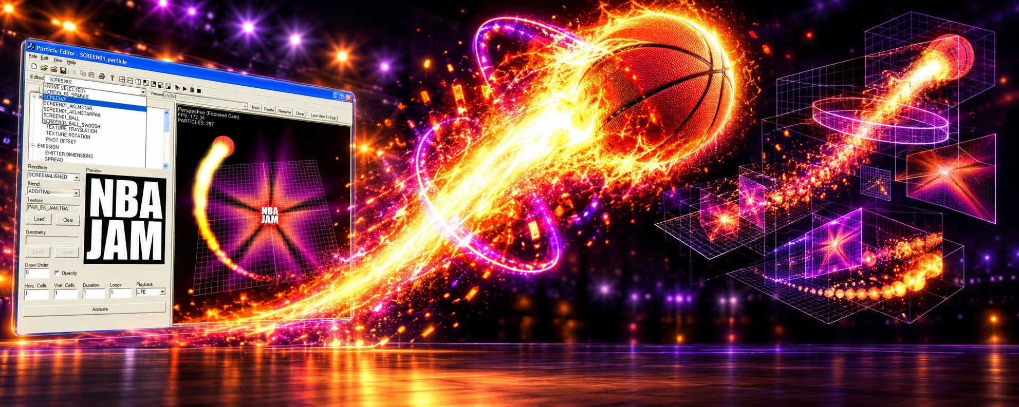 Illustrated NBA Jam particle-tool montage with a flaming basketball and deconstructed effects