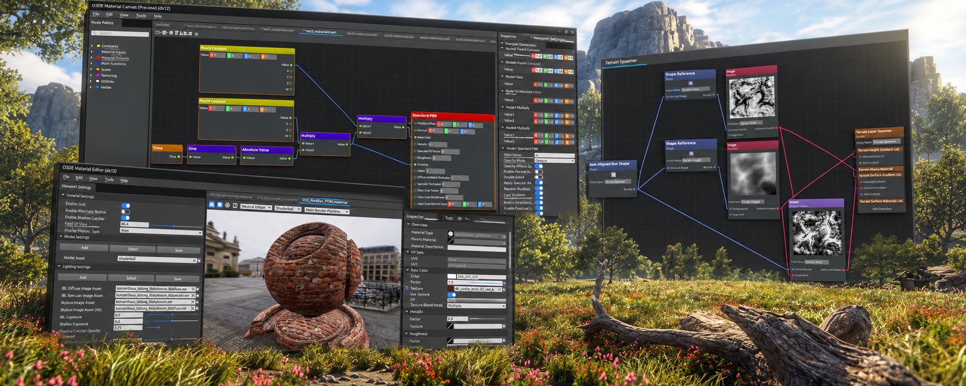 Stitched screenshot-based collage of Material Canvas, Material Editor and Landscape Canvas over the documented vegetation landscape
